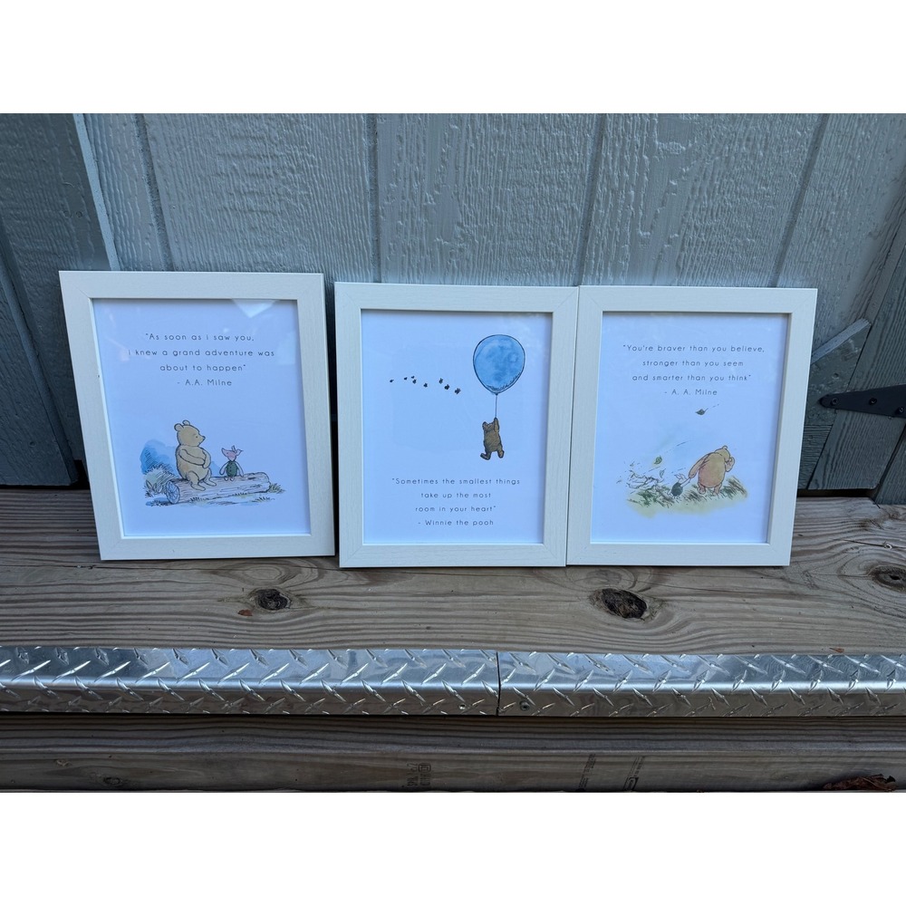 Winnie the Pooh Framed Wall Art Set 3 Nursery Decor A.A. Milne Quotes 8x10 White